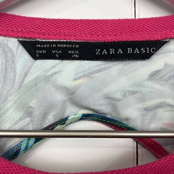 Zara Basic Bodycon Dress S Pink Yellow Tropical Open Back Fitted Racerback Mini - Picture 2 of 10